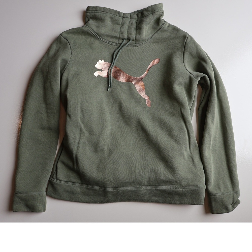 Puma Olive Green Cowl Neck Sweatshirt Rose Gold Logo Women's Medium